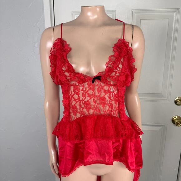 Vintage Stroke of Midnight Lingerie Women’s Nightgown Nylon S Lace Hi Low I3-15 - Picture 2 of 9